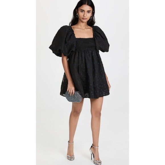 AJE La Piscine Mini Dres Blacks Puff Sleeve Bow Back Party Formal Goth NWT - Picture 3 of 16